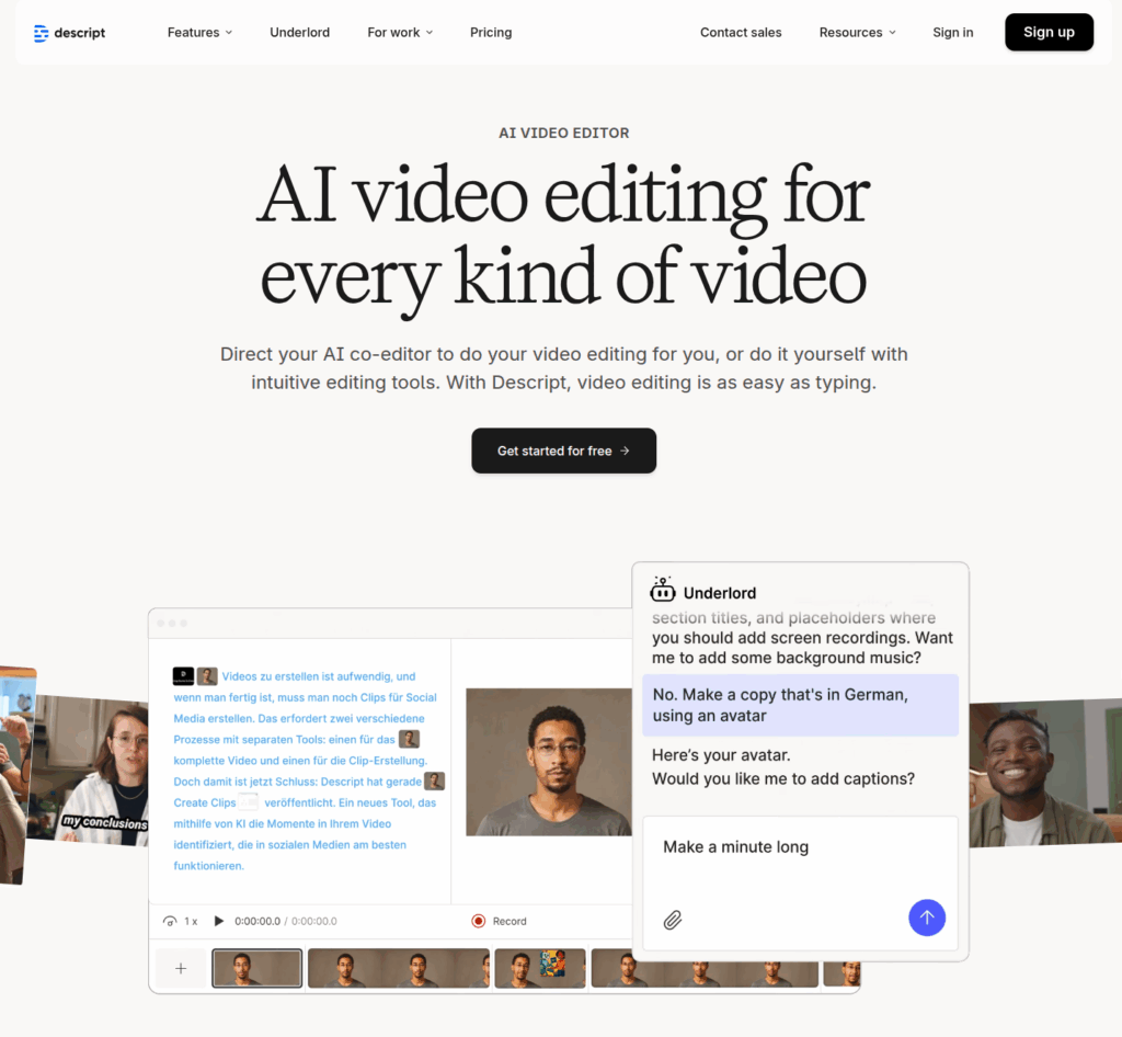 AI 영상 생성, 텍스트 투 비디오 (Text to Video), 생성형 AI로 시작하는 콘텐츠 제작 안내서 5 descript, 텍스트 기반 편집, 대표 AI 영상 편집 툴 (text-to-video)